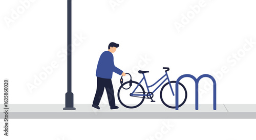 Man locking bike at rack in street near lamppost. Sustainable transport
