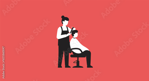 Stylist combs client's hair in barber shop on red background, ideal for ads