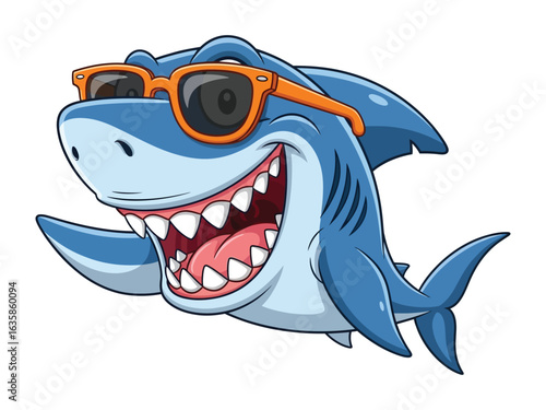 Cool Shark: A friendly, animated shark sports stylish sunglasses and a big grin, capturing a carefree summer vibe and underwater adventures.