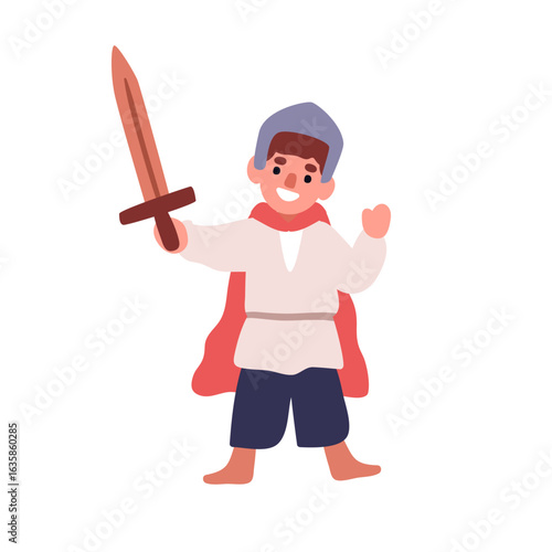 Happy knight boy in helmet and cape, holding toy sword. Cute kid, toddler war...