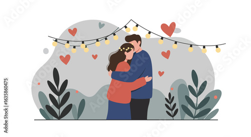 Couple embracing under string lights, heart decorations. Card, invite use
