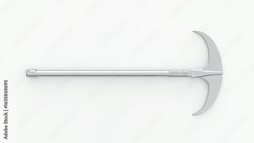 Fototapeta premium Silver-colored, crescent-shaped axe weapon, viewed from above.