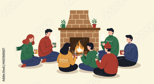 Friends gather, drinking by fireplace. Fire burns in background. Winter ad use