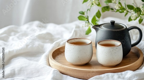 A wooden tray holds two small, speckled white teacups, filled with tea, beside a dark gray teapot.  Soft white linen drapes the background.  Tranquil and serene