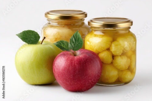 Two apples green red with jars yellow contents gold lids sit on a white surface