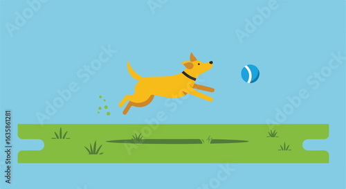 Dog chasing ball in field. Bubbles in the background. Toy use and fun
