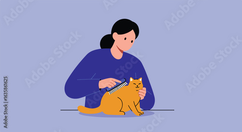 Woman grooms a cat with brush, on plain background, for pet care websites