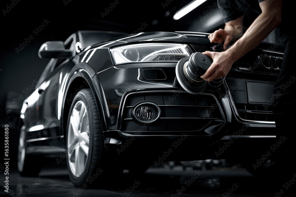Fototapeta premium Polishing a black SUV in a dark garage