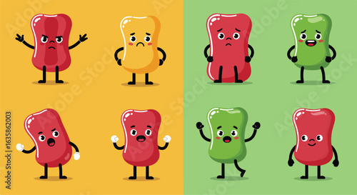 Cute candy characters showing different emotions on yellow and green background