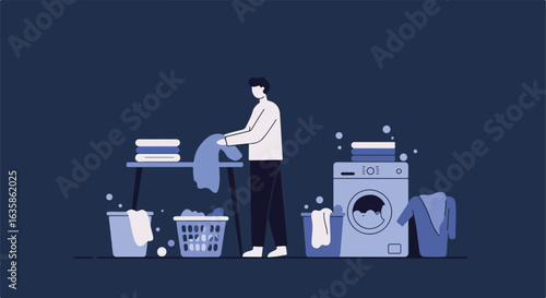 Doing Laundry man folds clothes, machine washes in background, home setting