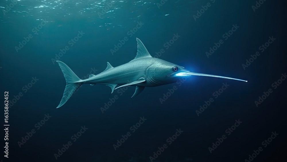 Fototapeta premium Striking image of a marlin swimming in the deep ocean.