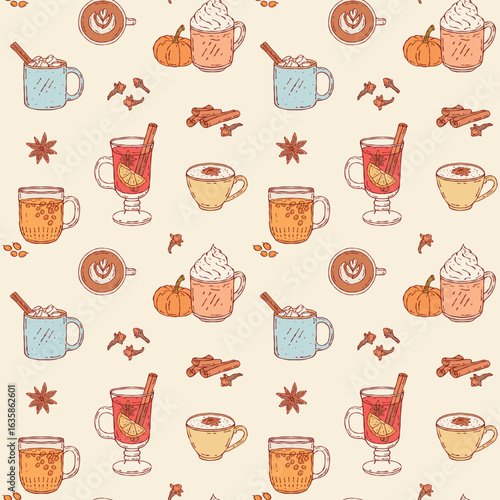 Seamless colorful autumn drinks pattern, pumpkin latte, mulled wine, cocoa with marshmallow, sea buckthorn tea, cappuccino, hand drawn vector illustration, warm seasonal beverages