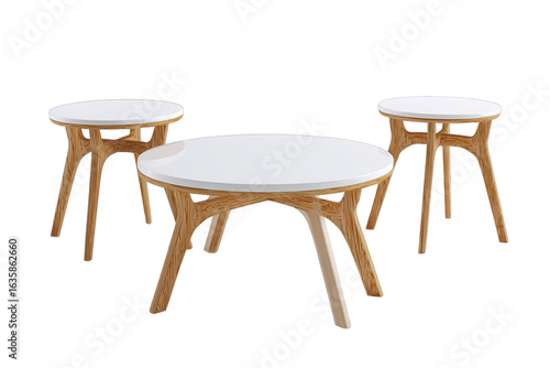 Three light beige wooden coffee tables with white tops