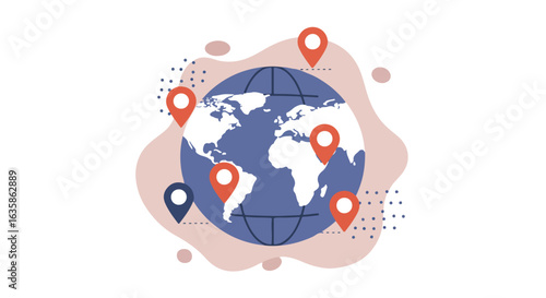 Map markers locate destinations on a world globe with abstract shapes behind