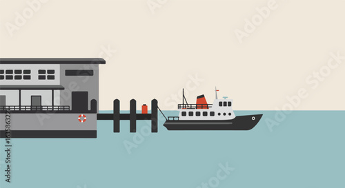 Ferry boat docking at wharf terminal with a light sky, could be a marine travel ad