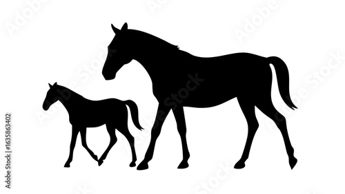Silhouette of a mare and foal walking side by side in a field with a plain white background scene here