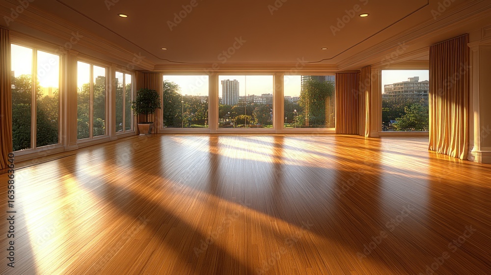 Fototapeta premium Sunlit empty luxury living room with city view