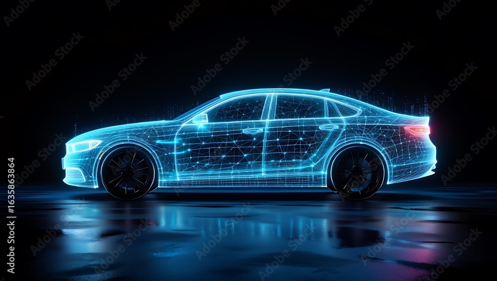 Fototapeta premium Futuristic electric car wireframe design with neon blue lights