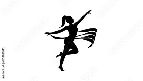 Silhouette of a woman dancing with ribbons in a dynamic pose with one arm raised high in the air