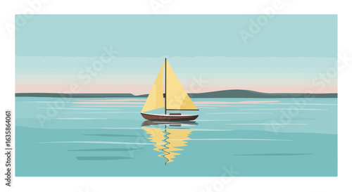 Sailboat floats on a lake with hillside in background. Possibly used for relaxation