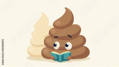 Cartoon poo character reading a blue book with a serious yet cute expression on its face.