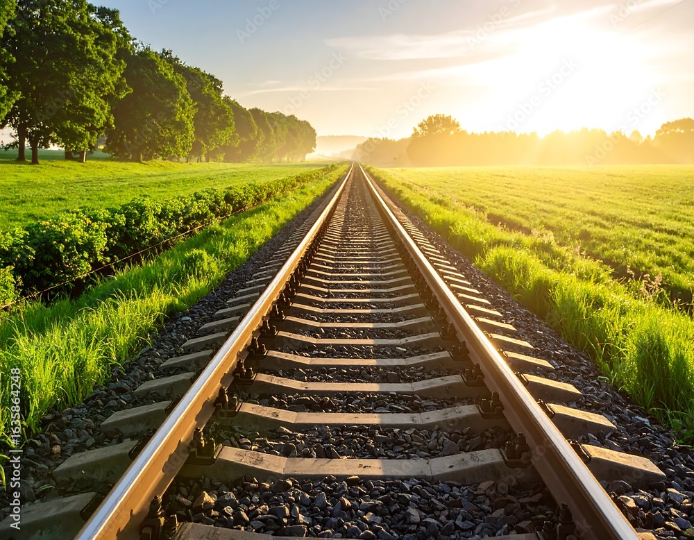 Obraz premium Railroad tracks through a lush landscape at sunrise