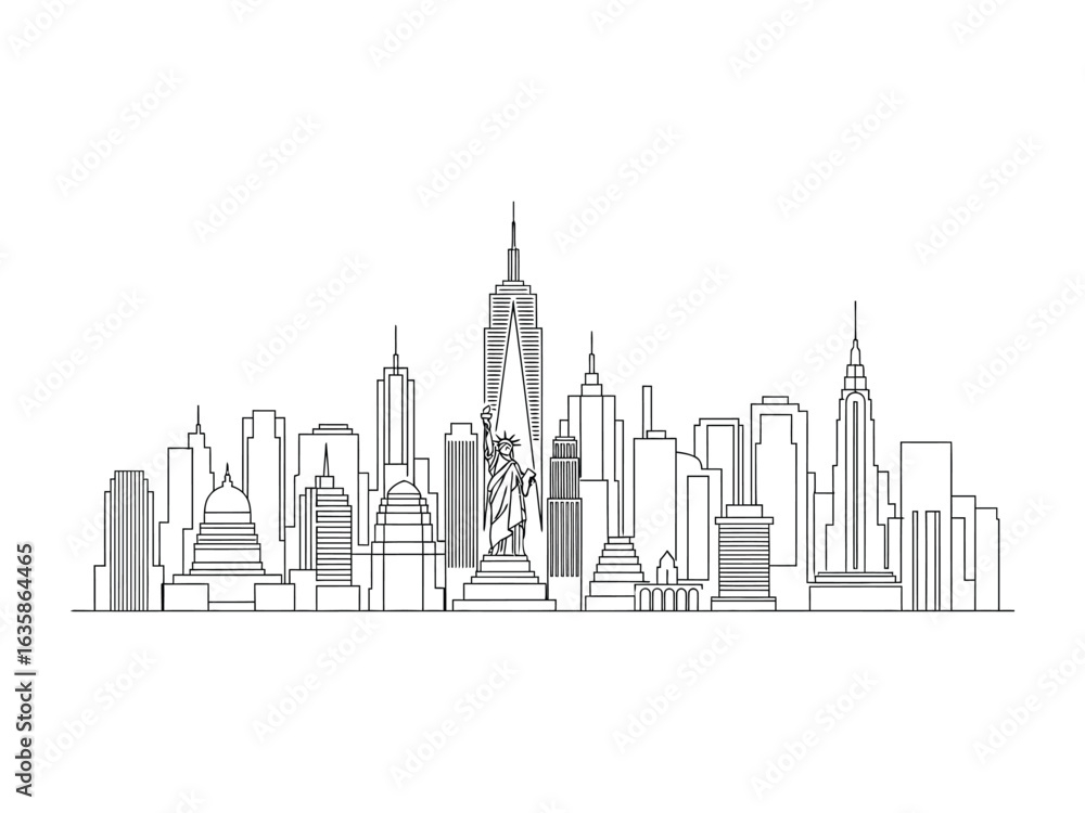 Fototapeta premium New York Skyline Illustration: A sleek, modern line illustration capturing the iconic New York City skyline, featuring famous landmarks in crisp detail and minimalist design.