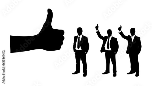 Silhouette of thumbs up hand with three businessmen pointing upwards in black and white illustration
