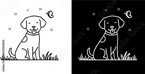 A charming line art illustration of a happy dog sitting in the grass with a butterfly, shown in positive and negative versions.