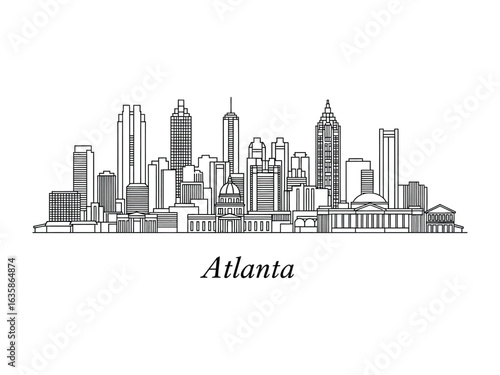 Atlanta Skyline in Linear Art: A sleek, monochrome linear artwork showcasing the iconic Atlanta skyline, highlighting the city's architecture and urban essence.