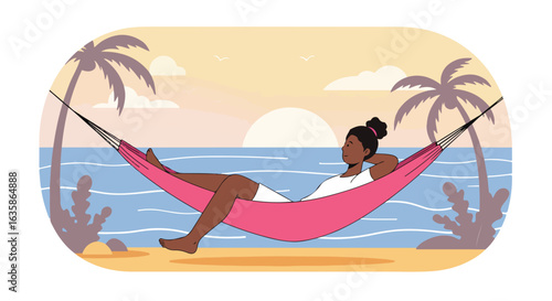 Woman relaxes in hammock by beach, palms and ocean sunset view, travel ad use