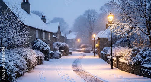 Snowy street in a charming village during winter season at dusk