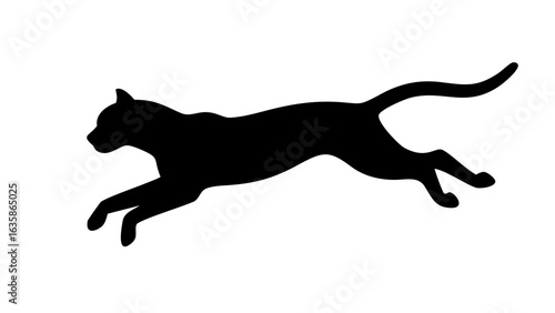 Silhouette of a feline animal in mid air leaping forward with its tail curved upwards gracefully in black