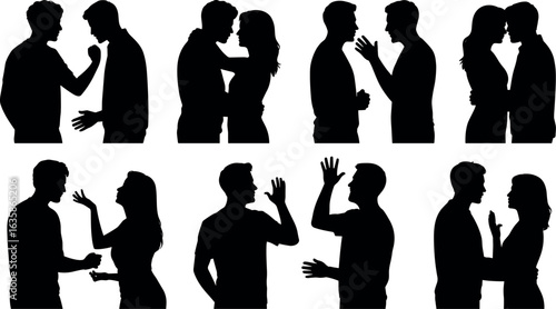 Silhouettes of couples engaged in conversation and interaction illustrating communication and relationships