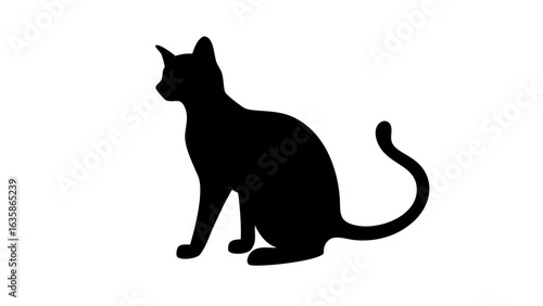 Silhouette of a cat sitting upright with its tail curled and ears perked on a white background