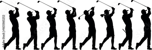 Silhouette sequence of a golfer executing a powerful swing from backswing to follow through