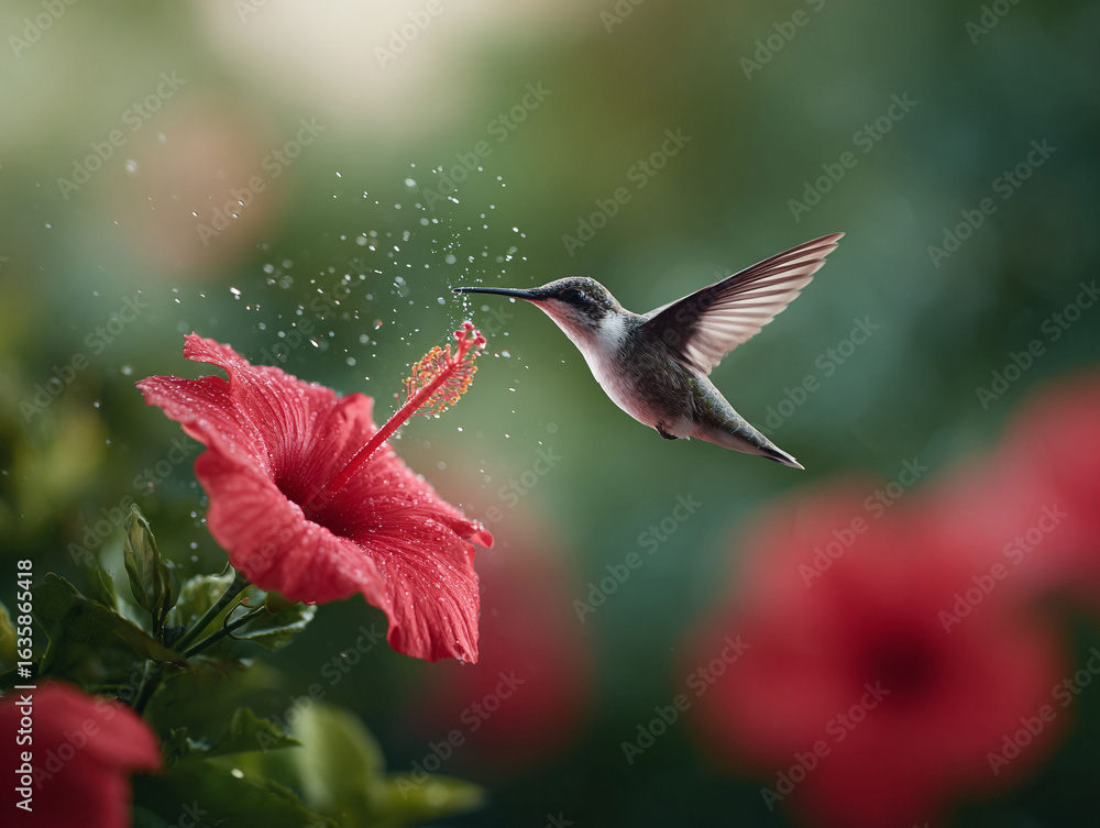 Fototapeta premium Hummingbird in flight near a vibrant hibiscus. Captures beauty, natures rhythm, and delicate balance. Perfect for projects needing a touch of natural wonder.
