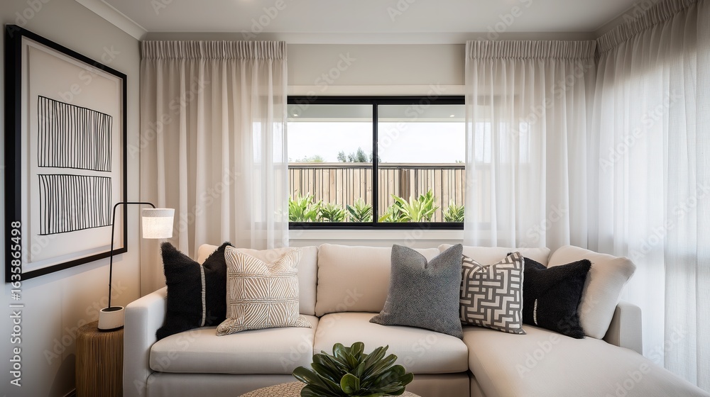Fototapeta premium Scandinavian-inspired living space with neutral tones and abstract art, radiating modern comfort.