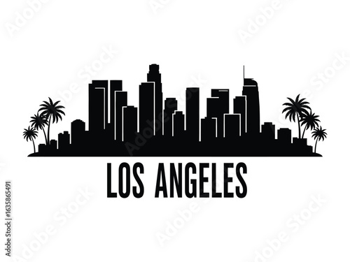 Los Angeles Skyline Silhouette: A sleek, black silhouette of the Los Angeles skyline, showcasing iconic buildings and palm trees, with LOS ANGELES elegantly inscribed below.