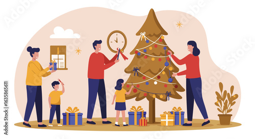 Family decorates Christmas tree at home with clock striking 12 and presents around
