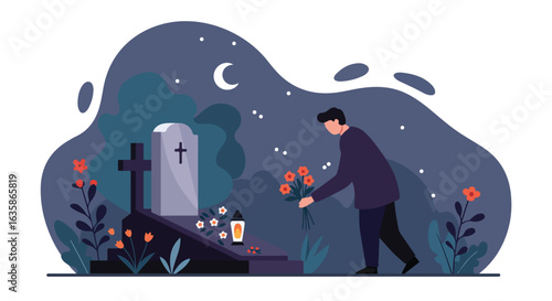 Man lays flowers on grave in cemetery at night under the stars. Memorial graphic