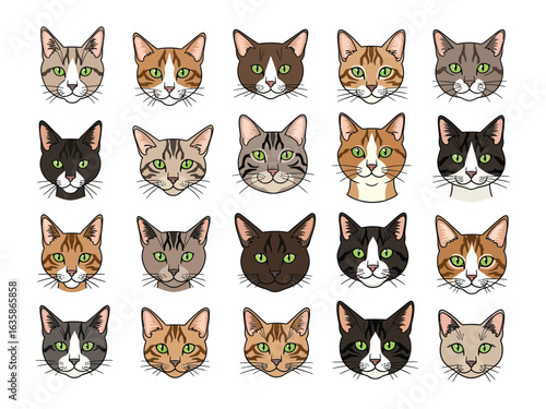 Cat Portrait Collection: A vibrant compilation showcases a diverse array of domestic cat portraits, each featuring a unique breed and coat pattern against a neutral background.