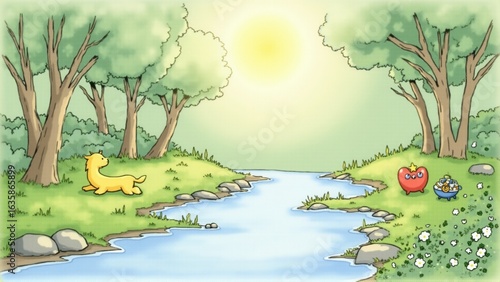 Tranquil cartoon landscape with a stream, a whimsical yellow creature, and charming flower details.