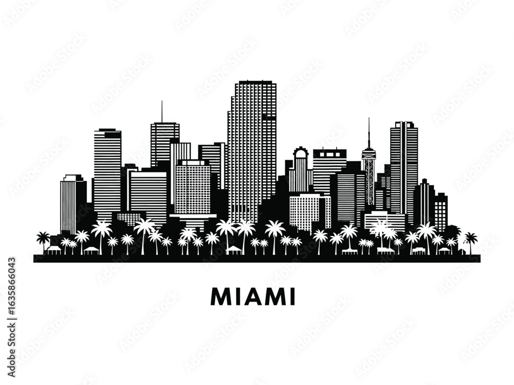 Fototapeta premium Miami Skyline: A striking graphic silhouette of the Miami skyline, a black and white monochrome depiction, encapsulating the essence of the city's architecture.