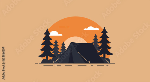 Cartoon tent pitched in woodland, at sunset with clouds. For outdoor themed graphics