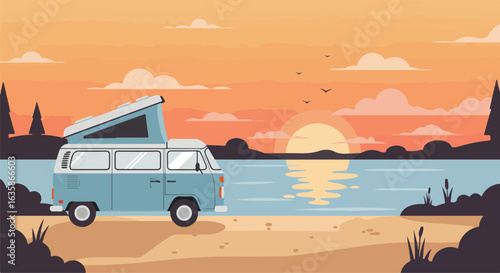 Vacationing in Campervan Beach Sunset Scene