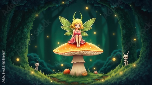 A whimsical fairy with wings sits peacefully atop a mushroom in an enchanting forest scene.