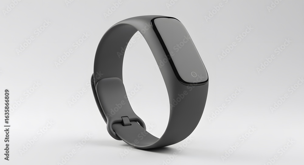 Obraz premium Gray fitness tracker with dark screen touch button resting on a pale gray surface