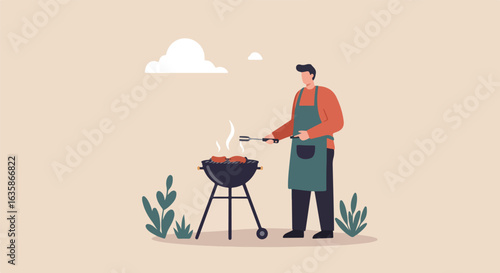 Man grilling meat outside under the clouds. Summer cookout ads, website use