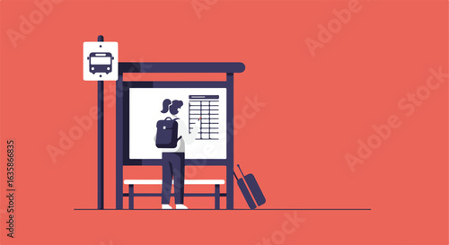 Person Checks Bus Schedule at Bus Stop with Luggage, Waiting on Red Background